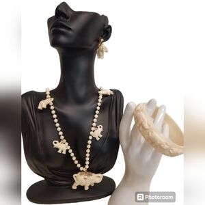 VINTAGE WHITE CELLULOID LUCKY ELEPHANT CHARMED NECKLACE EARRING & BRACELET SET